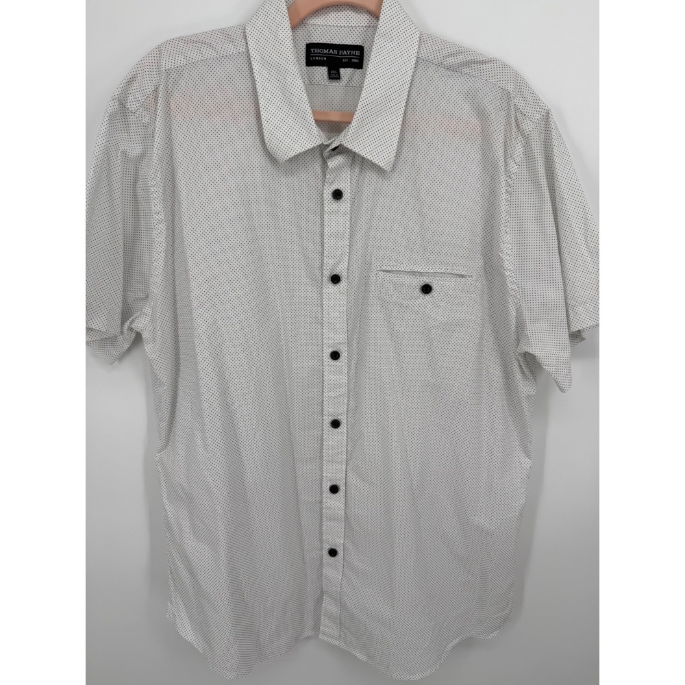 Thomas Payne Button Down Shirt Men 2XL White Black Polka Dot Short Sleeve Cotton
